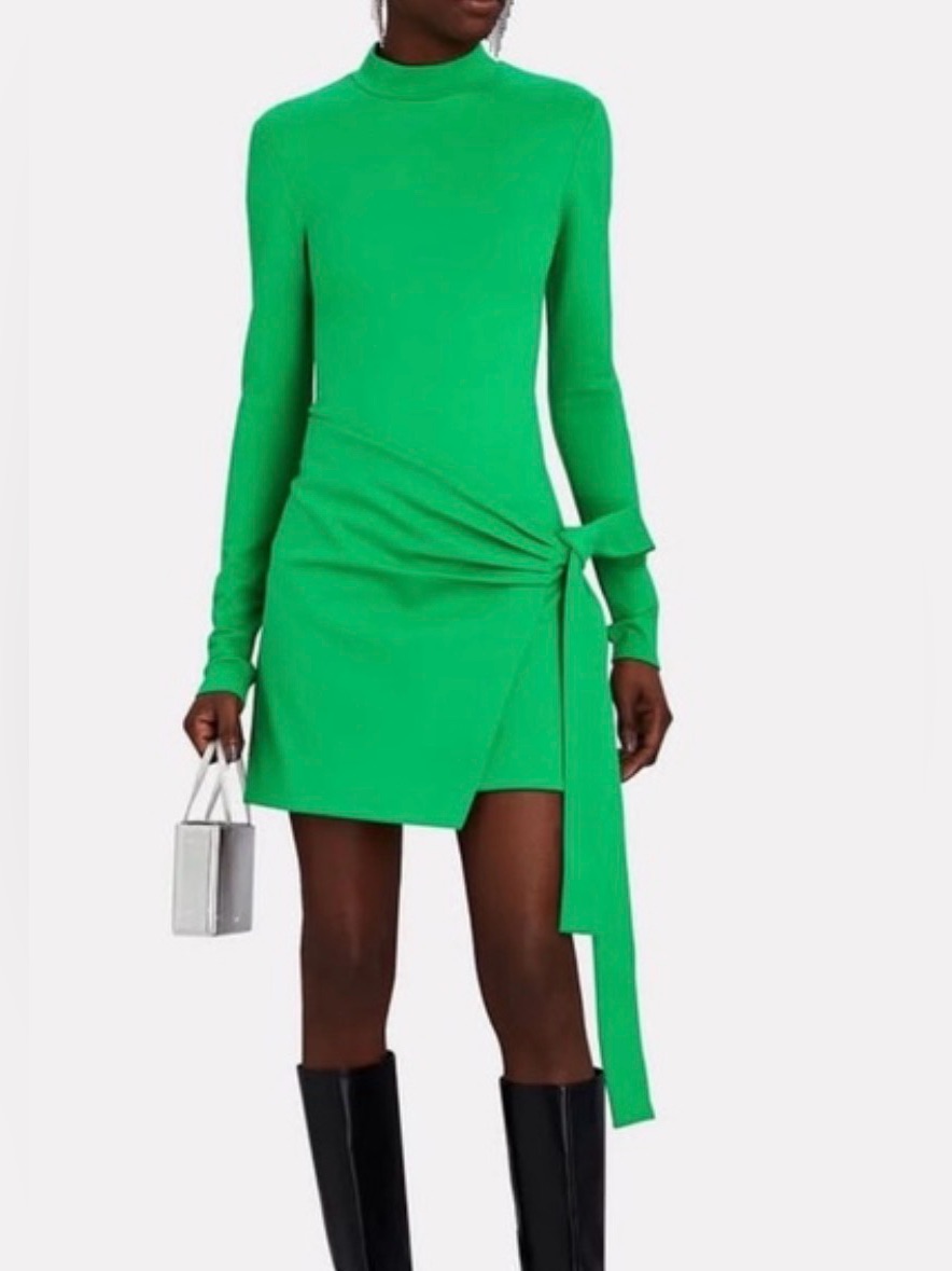 Green Long-Sleeve Knot-Detail Mini Dress